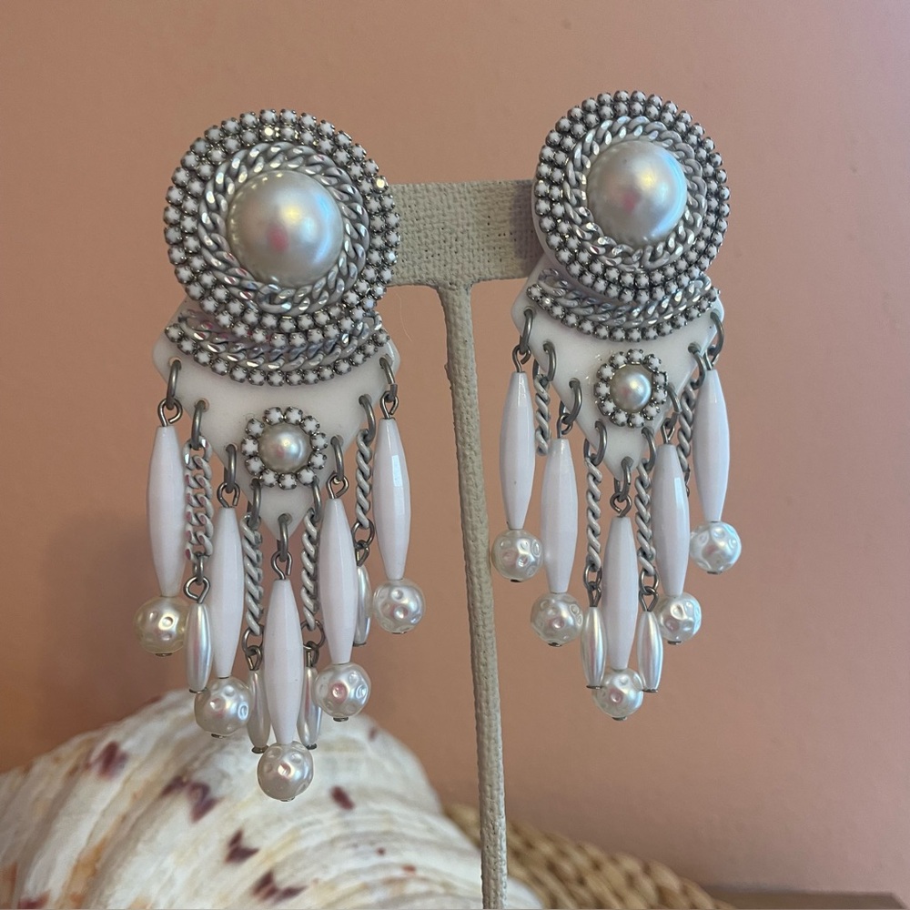 Vintage Elegant Silver & White Chandelier Post Earrings Cowgirl Western